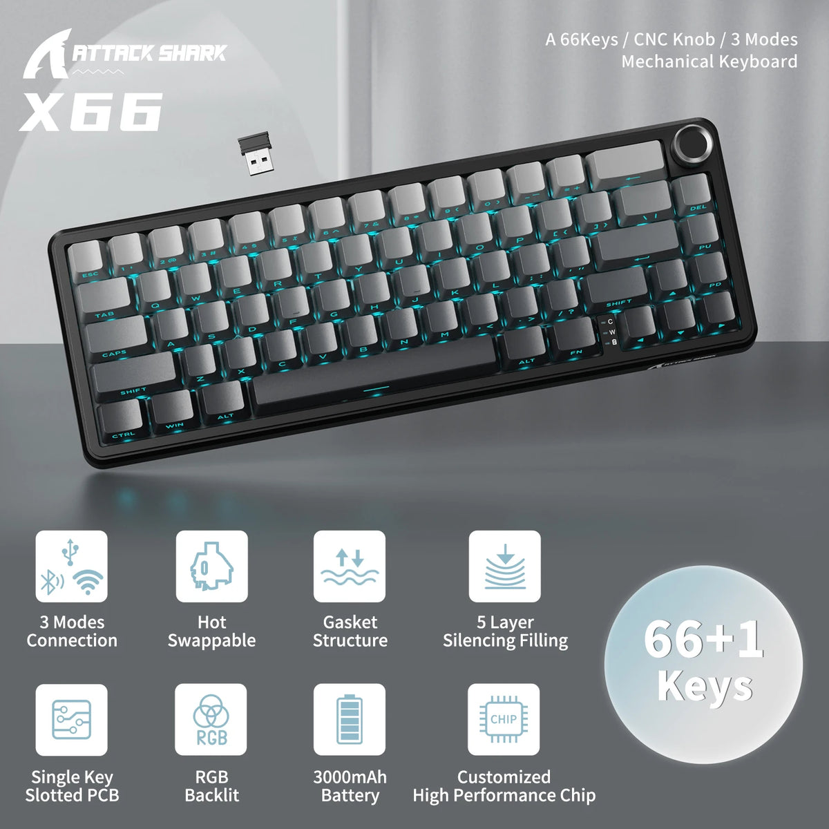 Attack Shark X66 Wireless Mechanical Keyboard With Knob And RGB