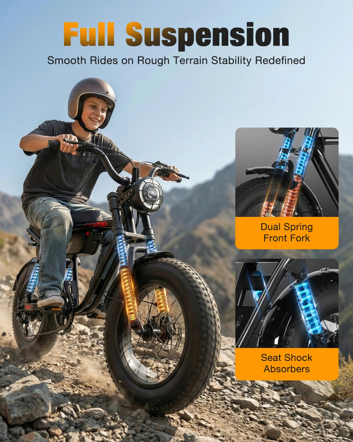 Hopepeak Full Suspension Fat Tire Electric Bike 1500W Peak Motor
