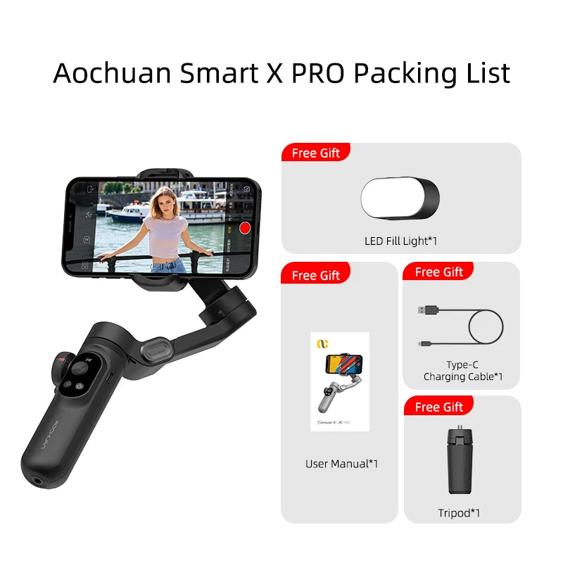 AoChuan 3 Axis Gimbal with RGB Fill Light Face Tracking