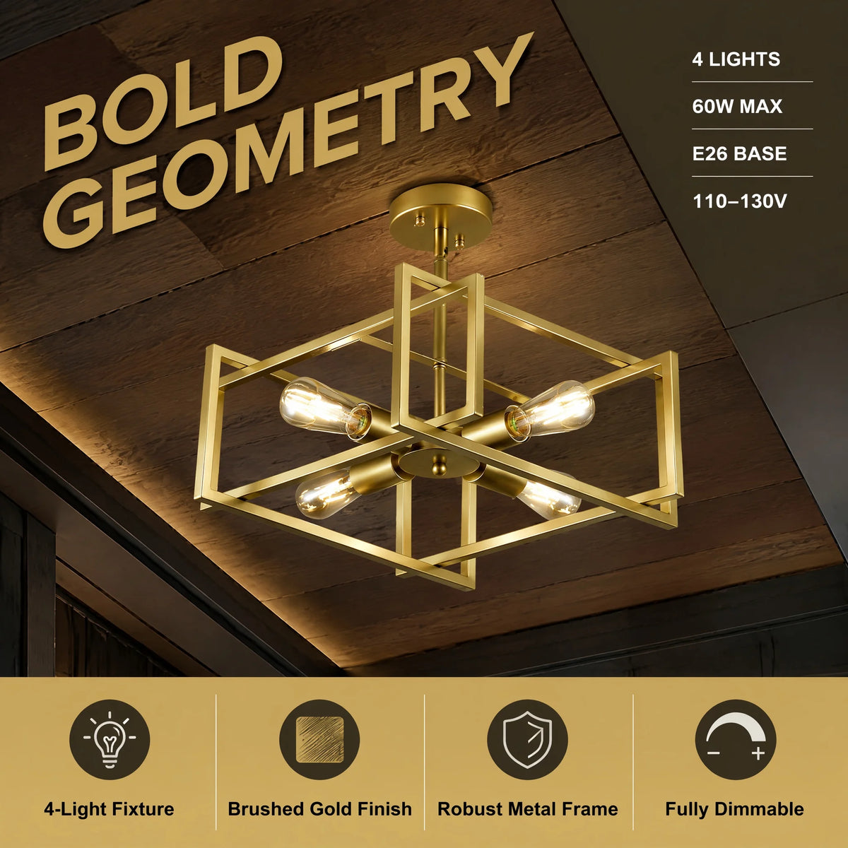 ARLGSITE Four Light Industrial Geometric Square Ceiling Light