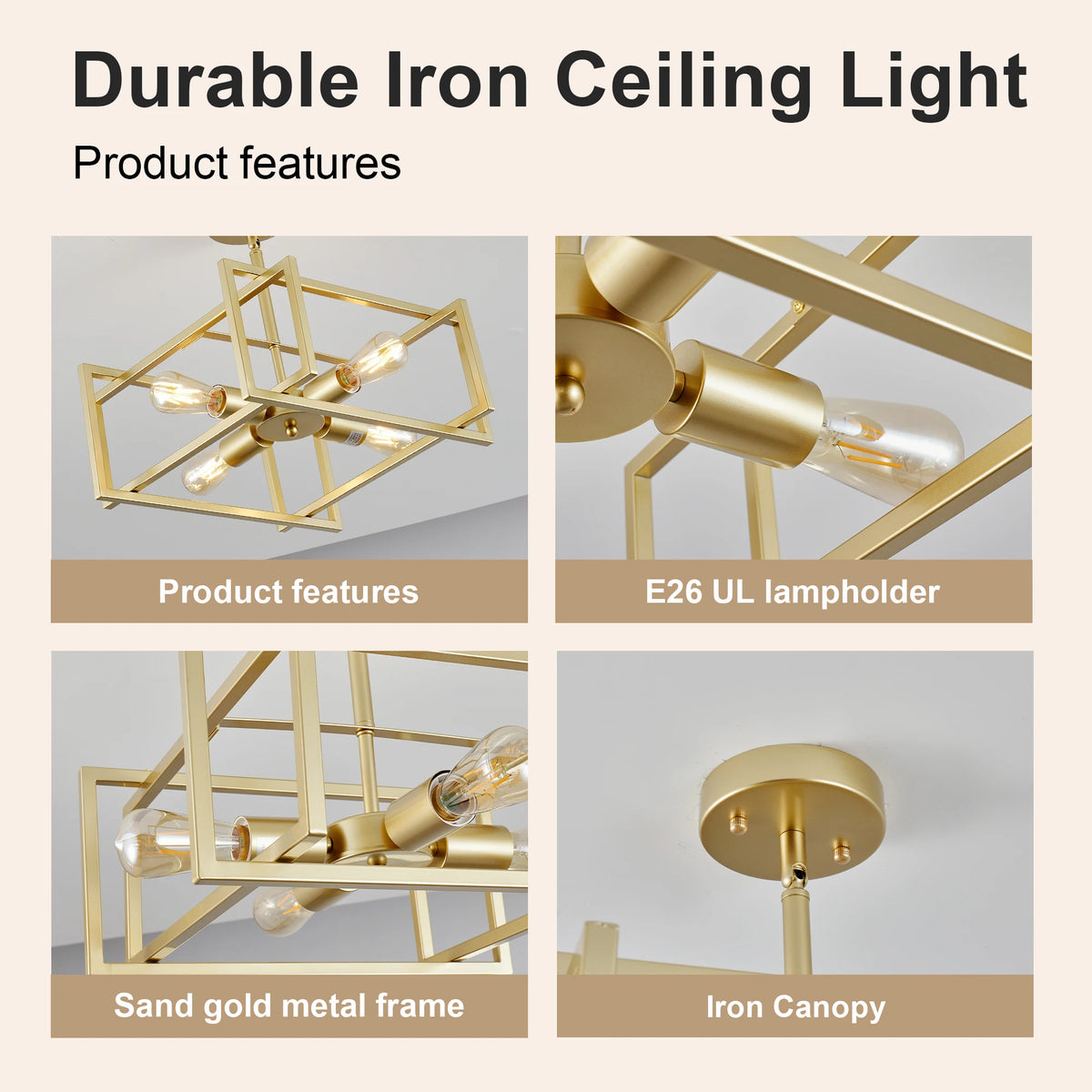 ARLGSITE Four Light Industrial Geometric Square Ceiling Light