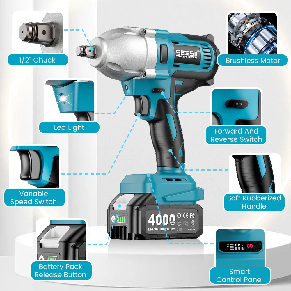 Seesii Brushless Cordless Impact Wrench High Torque Kit