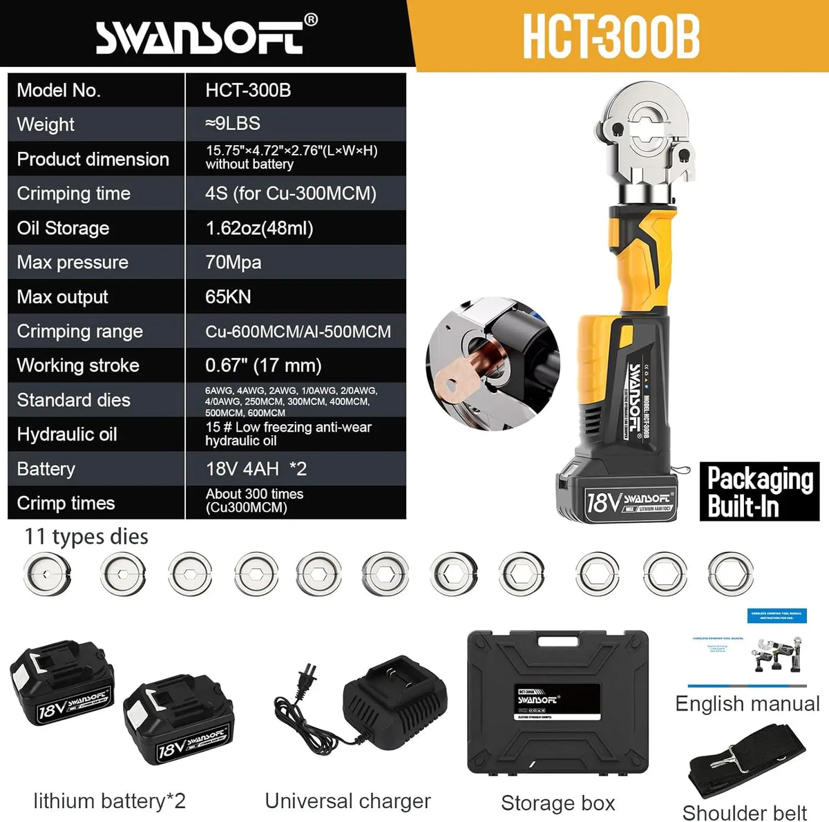SWANSOFT Electric Hydraulic Wire Cable Terminal Crimping Tool