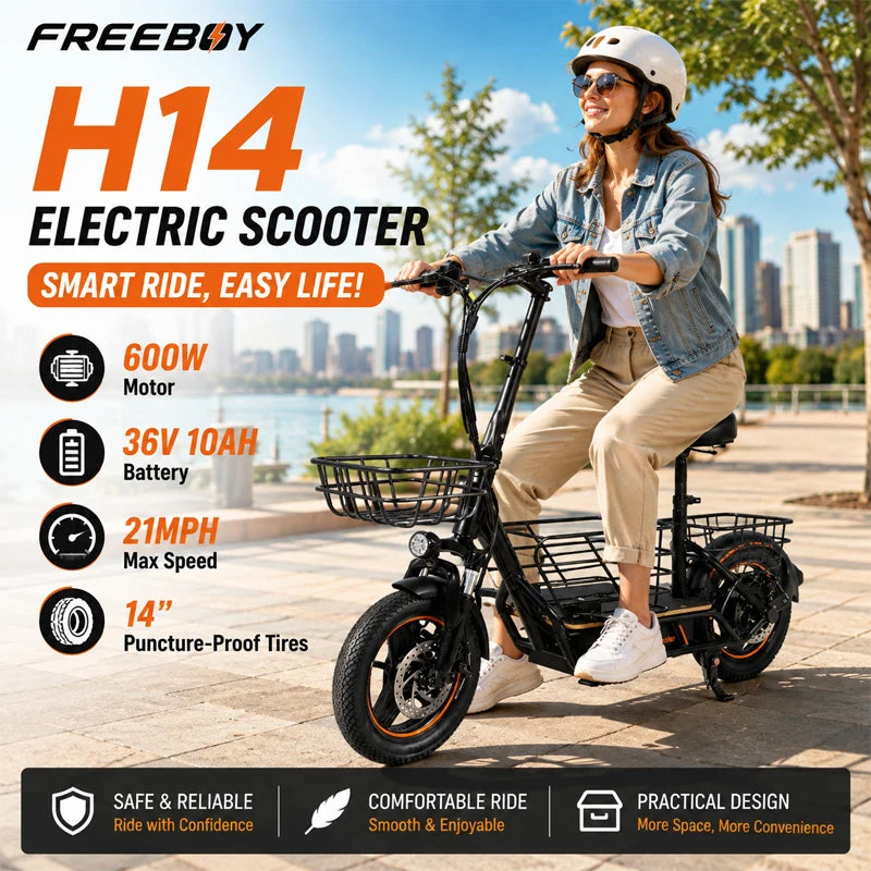 Freeboy H14 Foldable Electric Scooter With Dual Disc Brakes And Seat