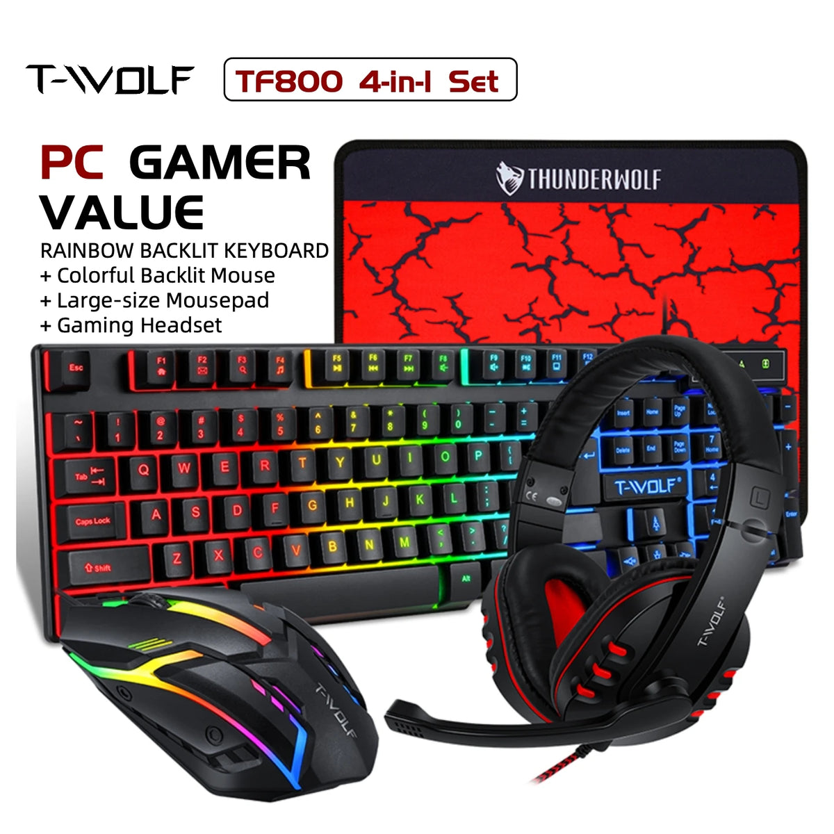 Twolf Wired Rgb Gaming Keyboard Mouse Headset Pc Combo Set