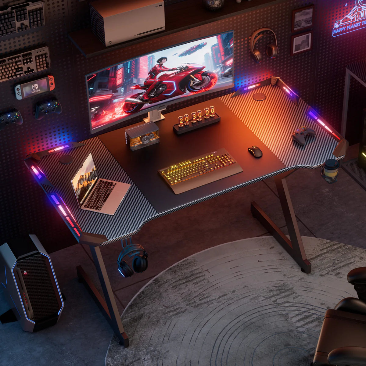 FRODROVIA Ergonomic Y Shaped Gaming Desk With RGB LED Lights