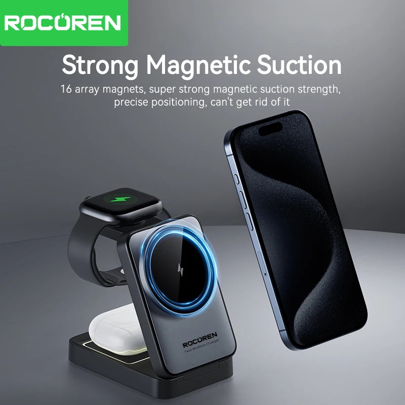 Rocoren 15W Magnetic 3 In 1 Wireless Charger For Apple Devices