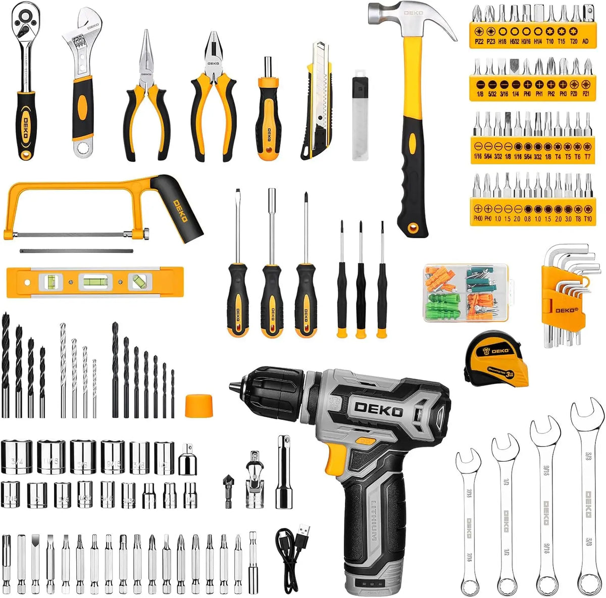 DEKO Cordless Drill and Home Repair Tool Box Set