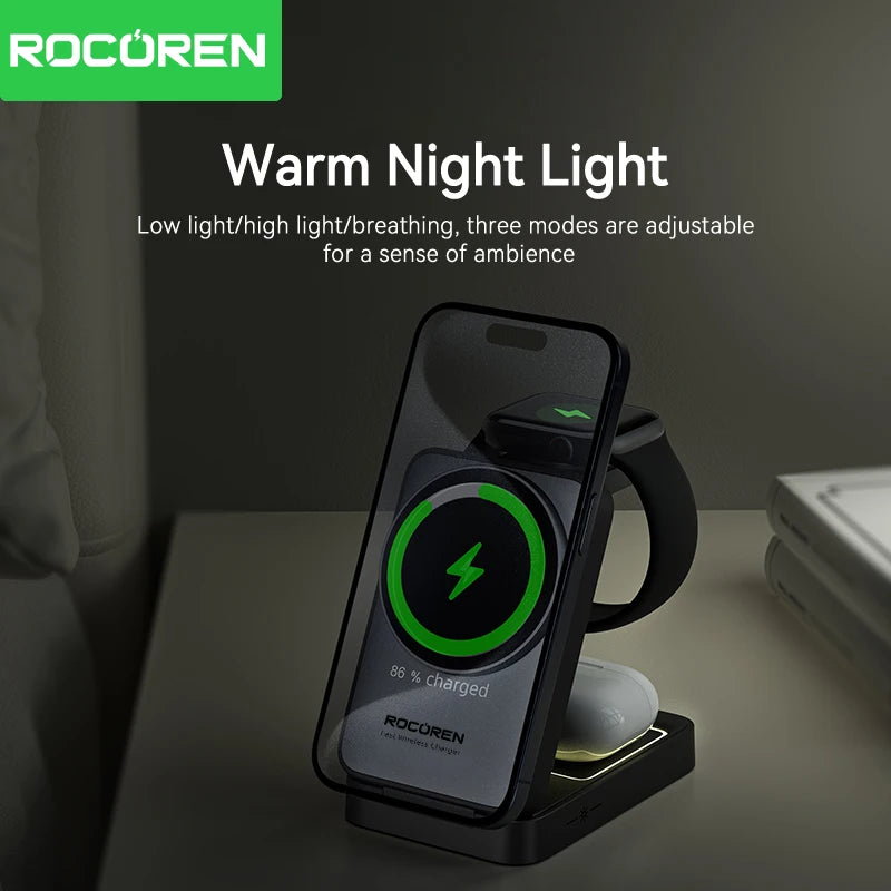 Rocoren 15W Magnetic 3 In 1 Wireless Charger For Apple Devices