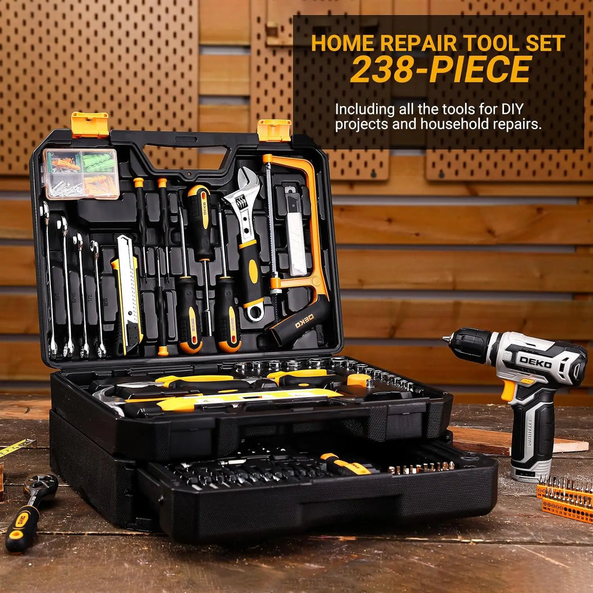 DEKO Cordless Drill and Home Repair Tool Box Set