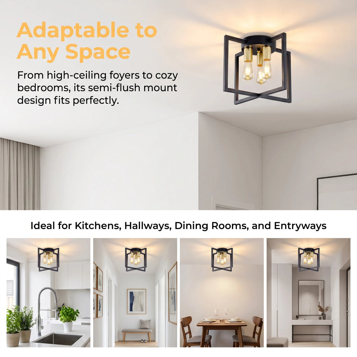 Arlgsite Industrial Geometric Three Light Semi Flush Ceiling Light