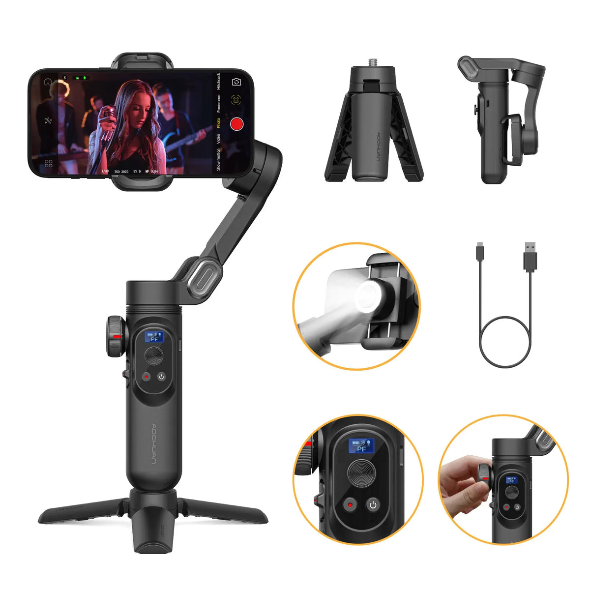 AoChuan 3 Axis Gimbal with RGB Fill Light Face Tracking