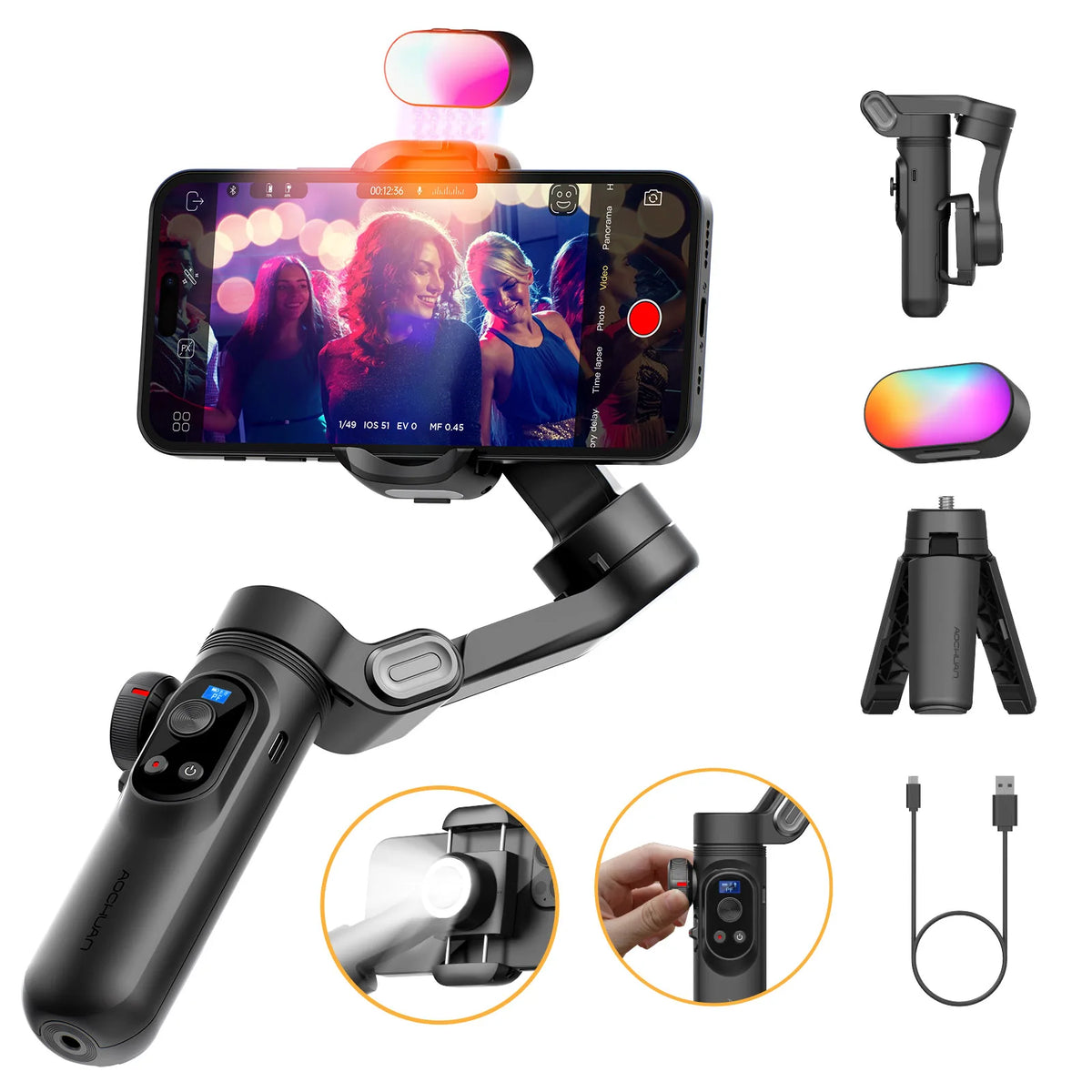 AoChuan 3 Axis Gimbal with RGB Fill Light Face Tracking