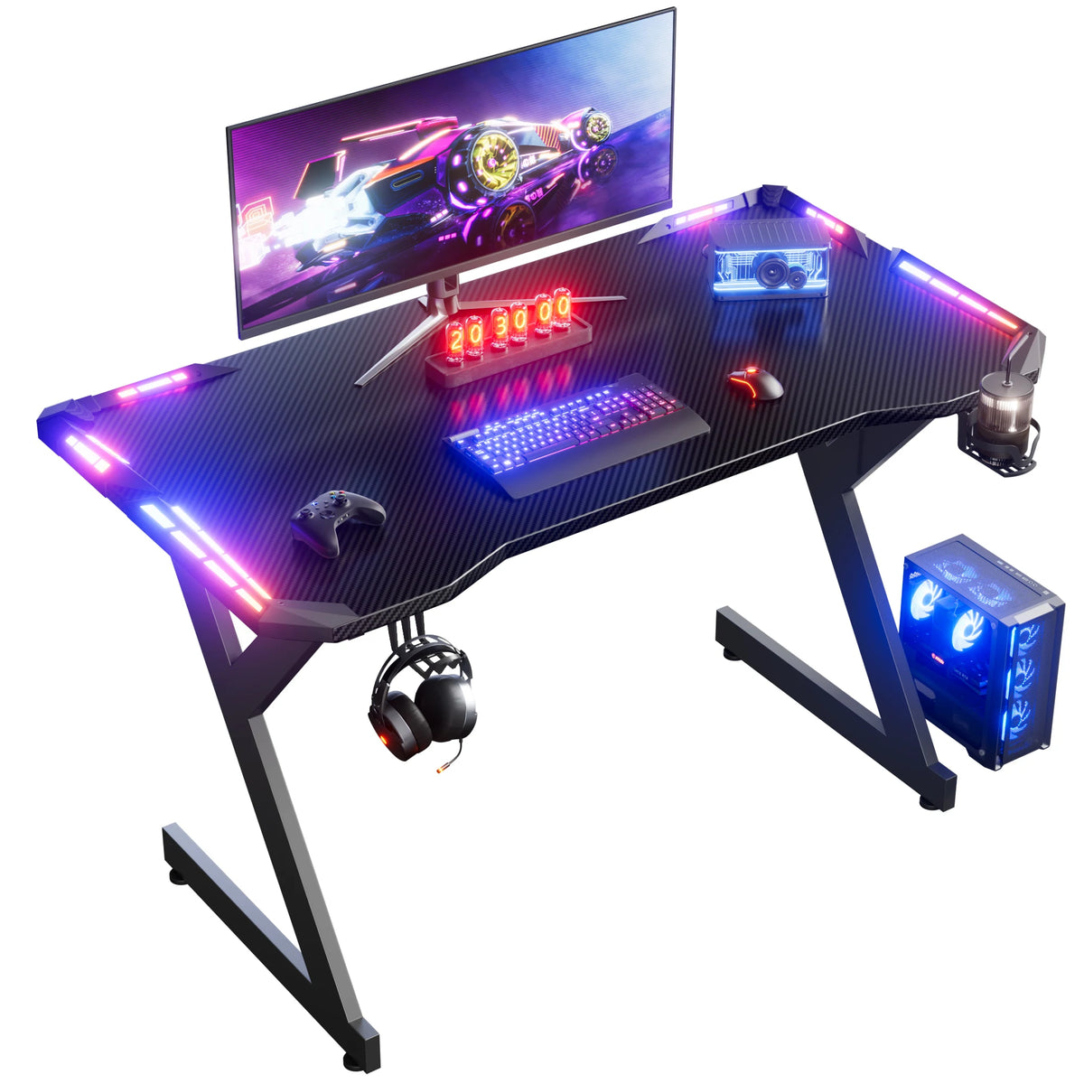FRODROVIA Ergonomic Y Shaped Gaming Desk With RGB LED Lights