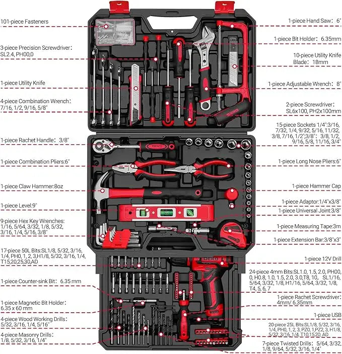 DEKO Cordless Drill and Home Repair Tool Box Set