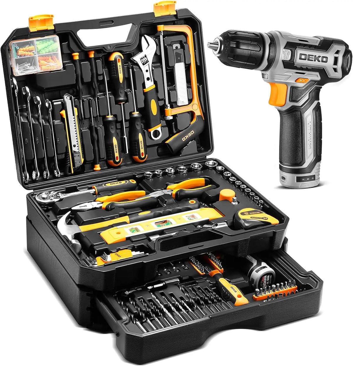 DEKO Cordless Drill and Home Repair Tool Box Set