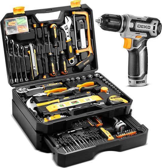 DEKO Cordless Drill and Home Repair Tool Box Set