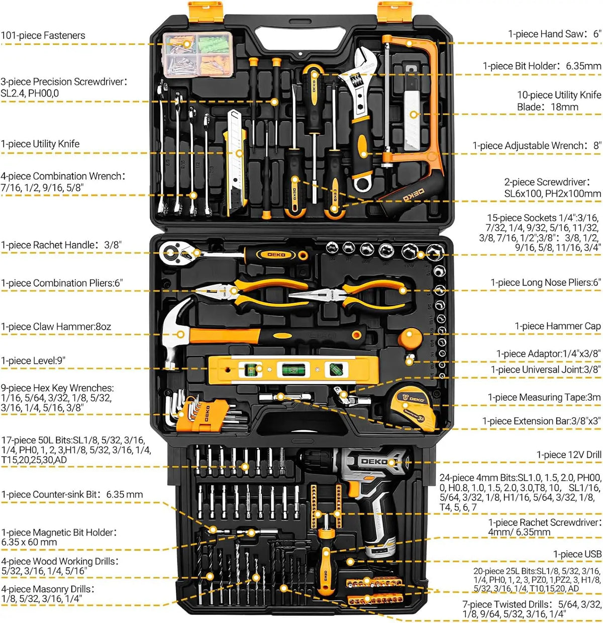 DEKO Cordless Drill and Home Repair Tool Box Set