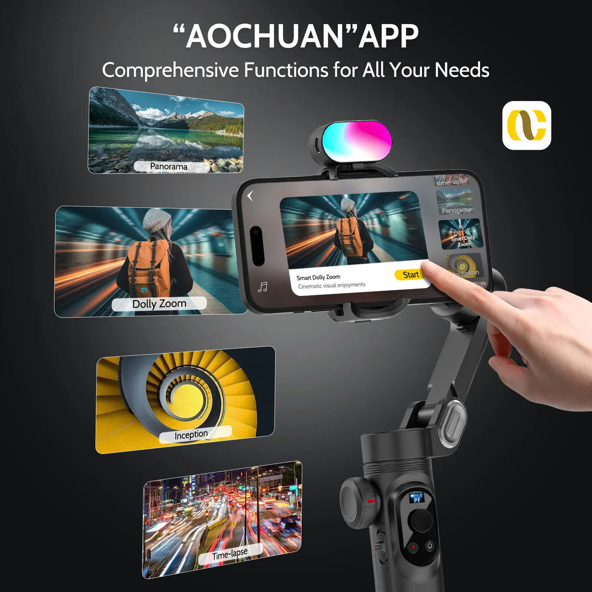 AoChuan 3 Axis Gimbal with RGB Fill Light Face Tracking