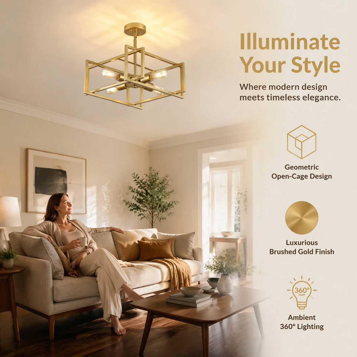 ARLGSITE Four Light Industrial Geometric Square Ceiling Light