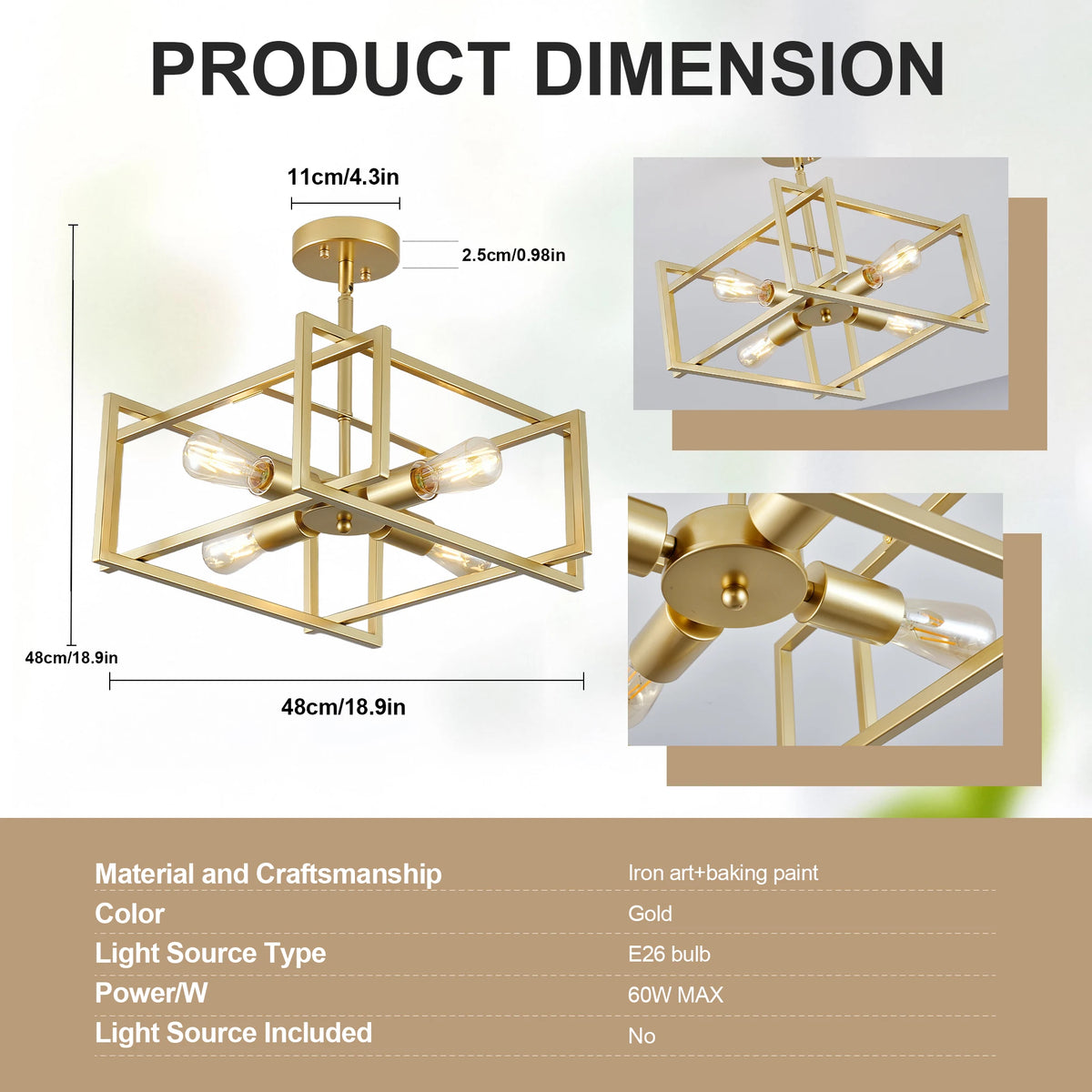 ARLGSITE Four Light Industrial Geometric Square Ceiling Light