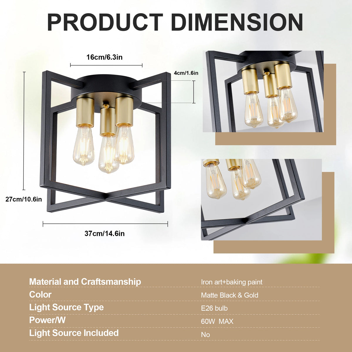Arlgsite Industrial Geometric Three Light Semi Flush Ceiling Light