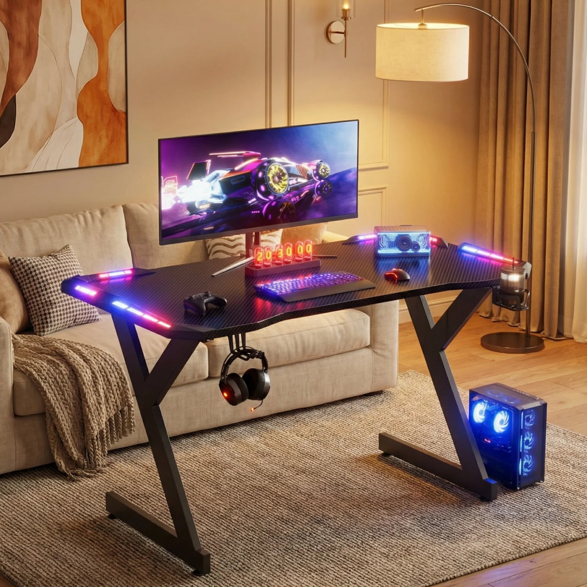 FRODROVIA Ergonomic Y Shaped Gaming Desk With RGB LED Lights