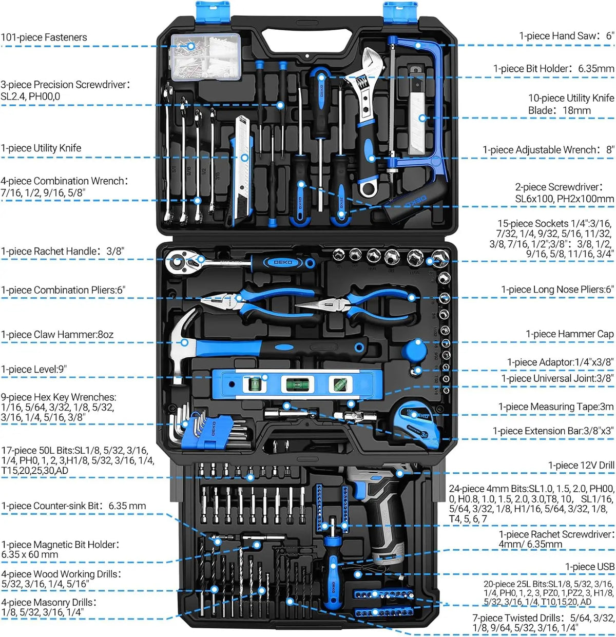 DEKO Cordless Drill and Home Repair Tool Box Set