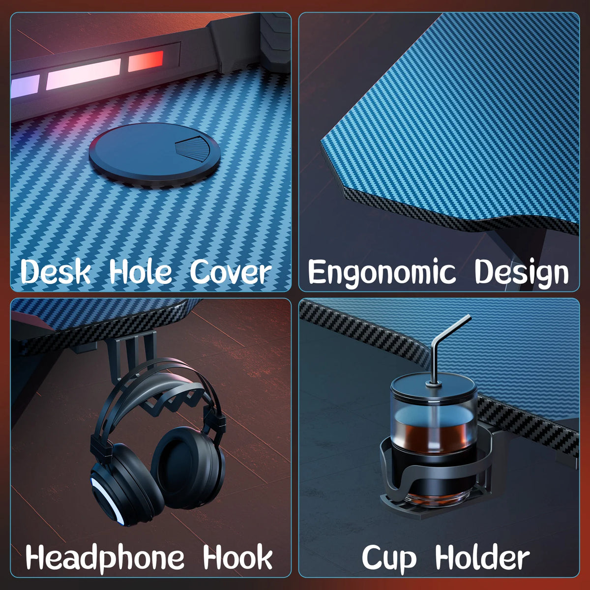 FRODROVIA Ergonomic Y Shaped Gaming Desk With RGB LED Lights