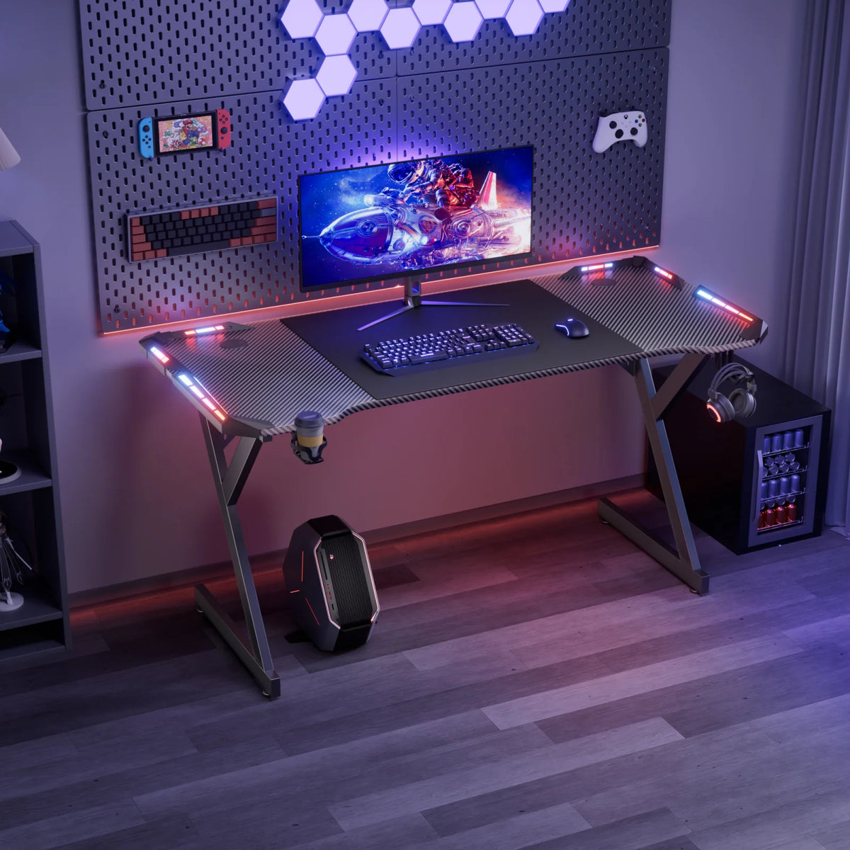 FRODROVIA Ergonomic Y Shaped Gaming Desk With RGB LED Lights