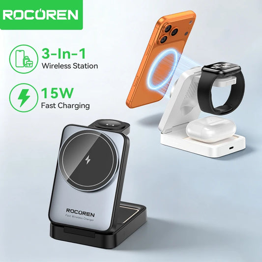 Rocoren 15W Magnetic 3 In 1 Wireless Charger For Apple Devices